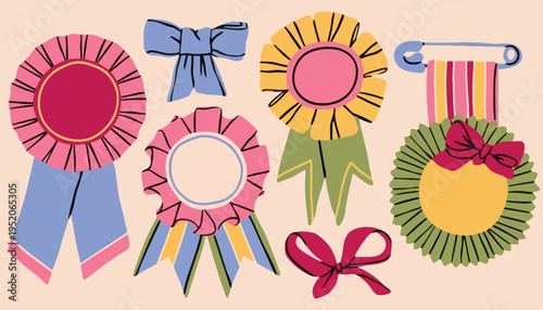 Colorful ribbons and bows are arranged on a surface.