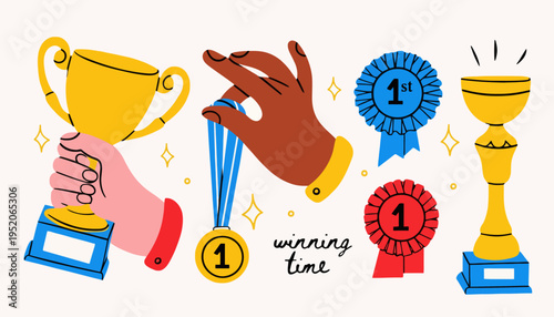 Hands holding trophies and medals with ribbons in winning time scenario