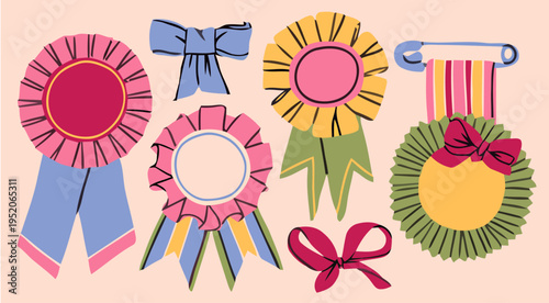 A colorful arrangement of ribbons and rosettes on a peach background with bows and awards.
