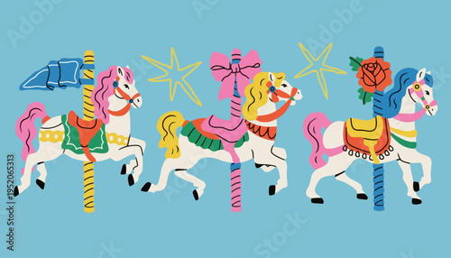 Colorful carousel horses galloping with decorations in amusement park