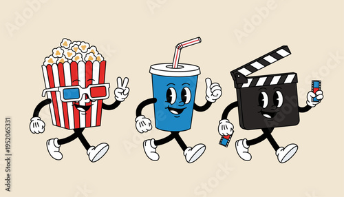 Animated movie characters walk together happily outside cinema