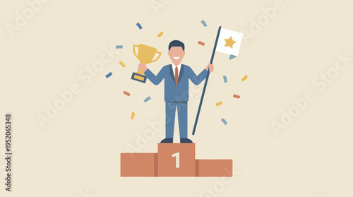 Businessman Celebrates Victory on Podium with Trophy and Flag Amid Confetti