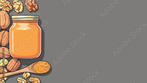 Jar of honey with walnuts and almonds on gray background during daytime in simple kitchen setting