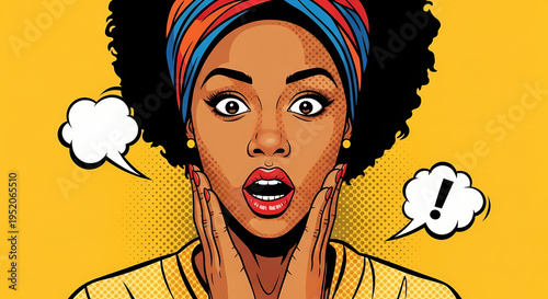 An illustrated depiction of a woman with surprised expression, eyes wide, mouth open and speech bubble