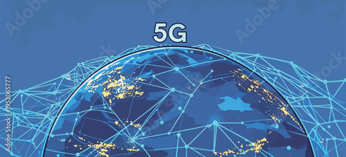 Global 5G network connections with blue lines representing data flow across the Earth during a digital communication event