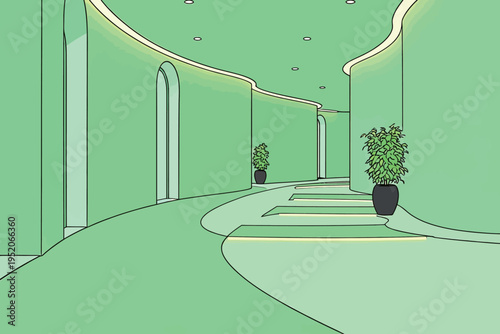 Green hallway with plants and curved walls in a modern building during daylight hours