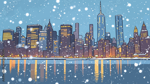 City skyline covered in snow near the river at night with snow falling and lights shining brightly on buildings