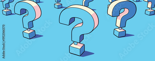 Several blue question marks with pink accents on a light blue background in a simple layout