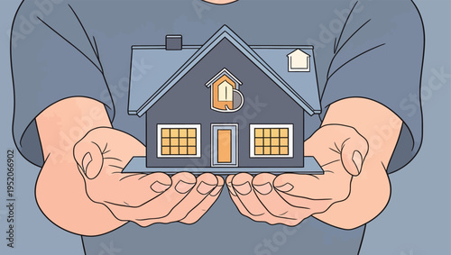 Person holds small model of house in hands during indoor activity focusing on home ownership and construction ideas