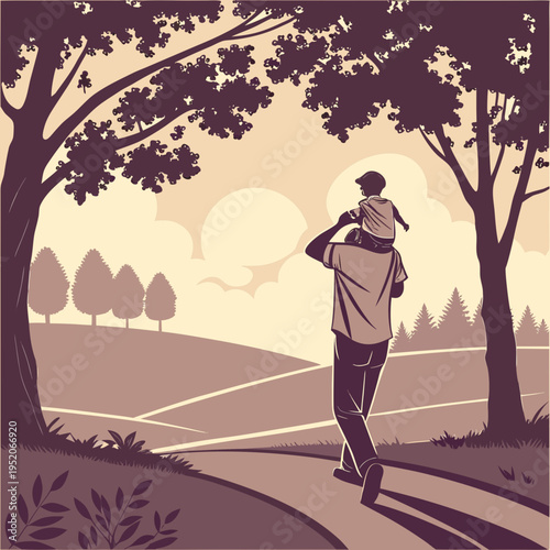 Couple walking in park and road silhouette illustration