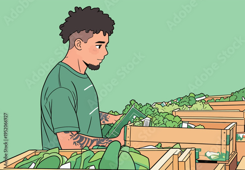 Person looks at green vegetables in a market during daytime while exploring different types of produce in wooden boxes