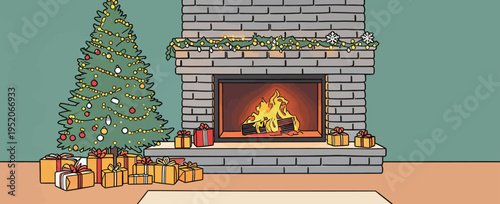 Cozy holiday setting with a Christmas tree and a warm fire in a festive decorated room
