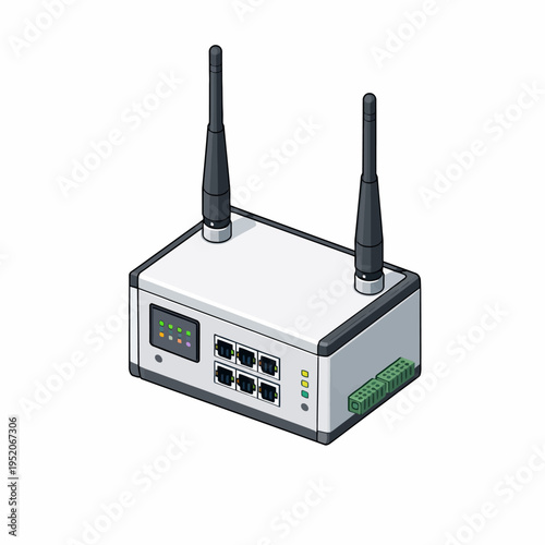 Isometric illustration of an industrial network router with multiple Ethernet ports and dual antennas, representing data communication for smart grid systems and IoT infrastructure