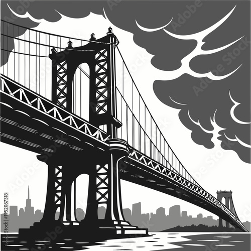 Brooklyn Bridge vector silhouette with San Francisco Bay Bridge, city skyline, river water, suspension bridge architecture and landmark travel