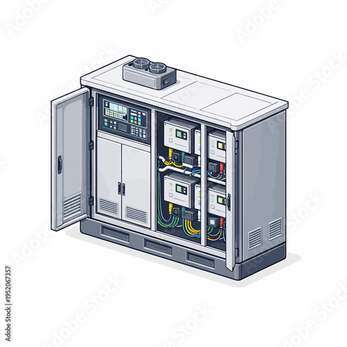 Isometric industrial electrical control cabinet with open door, revealing power distribution units, circuit breakers, and complex wiring for modern energy infrastructure systems