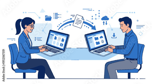 Business professionals collaborating on laptops sharing files digitally in modern office environment with cloud icons