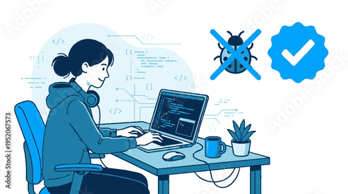 Focused female programmer fixing bugs on laptop at desk with checkmark symbol and error icon in clean vector style