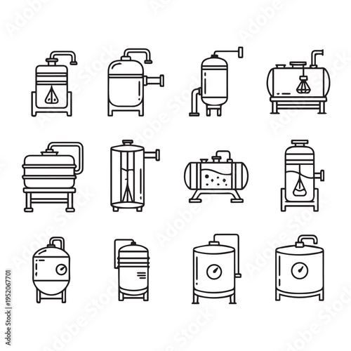 Industrial Tank Icons Set Various Storage Vessels Process Equipment Vector Line Art
