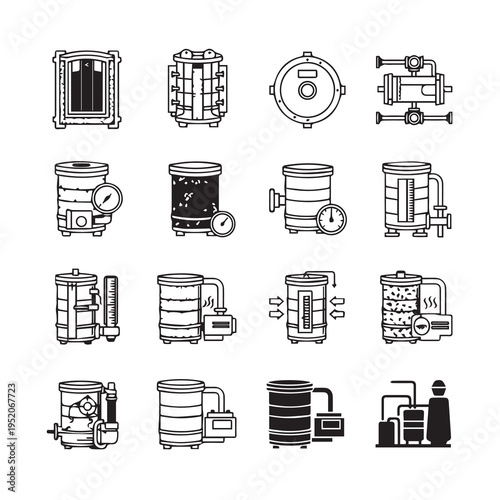 Industrial Tanks and Equipment Icons Set Various Designs Vector Graphics