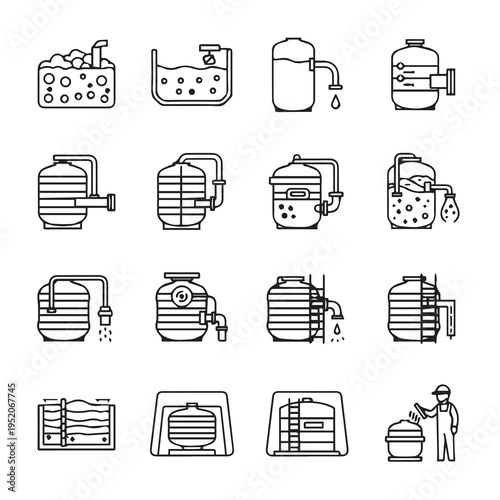 Industrial Tanks and Vessels Icons: Water Treatment Storage and Processing Line Art