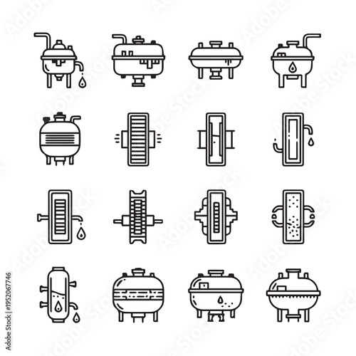 Industrial Tanks and Vessels Icons Set Line Art Manufacturing Equipment Symbols