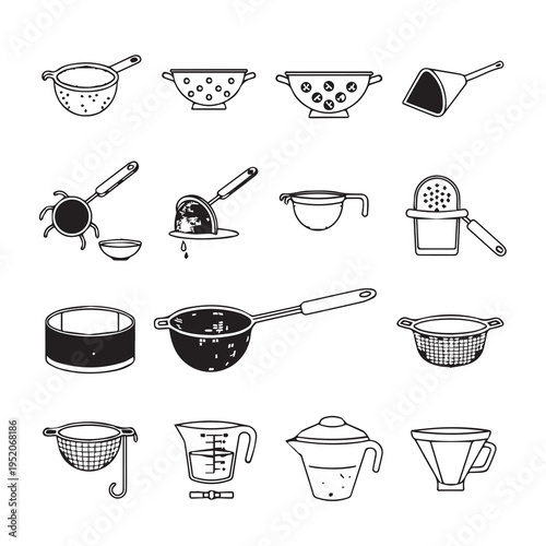 Kitchen Strainers and Sieves Collection Hand Drawn Line Art Illustrations