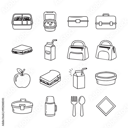 Lunchbox Icons Collection: Food Drink Utensils & ContainersLine Art