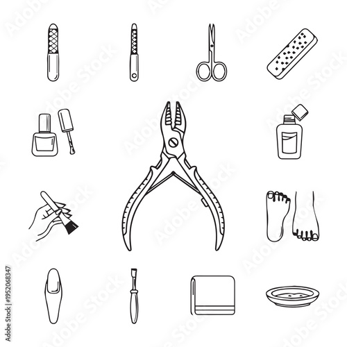 Manicure and Pedicure Tools Collection Nail Care Accessories Beauty Salon Equipment Line Art Icons