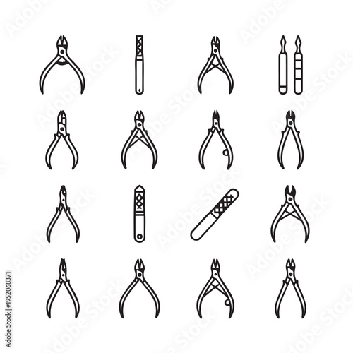 Manicure Tools Collection: Cuticle Nippers and Files Line Art Icons