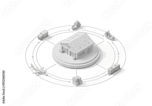 Global logistics network showcasing distribution center with diverse transportation modes