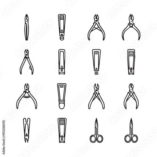 Manicure Tools Icons Set: Nail Clippers Cuticle Nipper Scissors FilesLine Art Stock