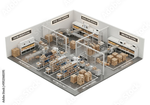 Modern Automated Warehouse Interior with Conveyor Belts, Pallets, and Storage Racks