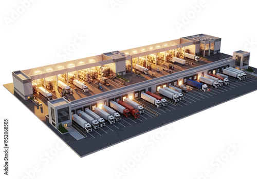 Logistics hub with multiple loading docks and trucks, depicting a busy distribution center