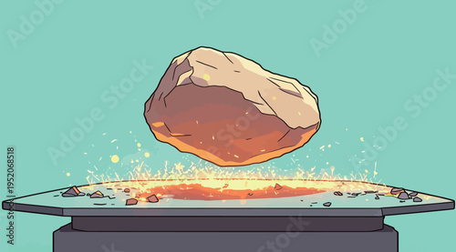 Rock floating above a glowing surface in a digital art scene depicting levitation and energy