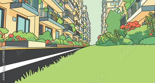 Modern residential area with green spaces beside buildings and clear road during daytime