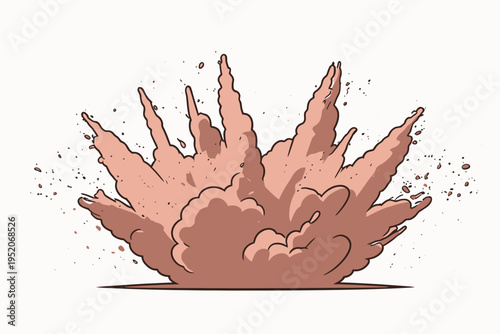 Explosion occurs in a cartoon style with dust and debris flying in various directions around a central point