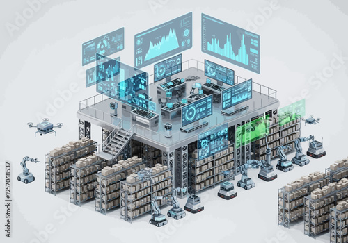 Automated warehouse with robots and advanced technology managing inventory and logistics