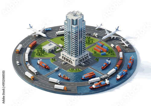Global logistics and supply chain management depicted by various modes of transportation and a central office building