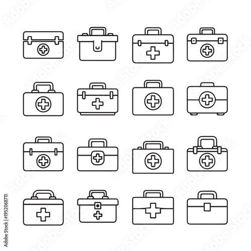 Medical First Aid Kit Icons Collection Various Designs Simple Line Art White Background