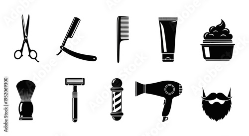 Comprehensive Set of Black and White Vector Icons for Barber Shops, Male Grooming, and Hair Care Services