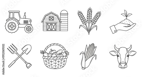 Outline vector illustrations of essential farm elements, representing agricultural activities and rural life. A collection of farming icons for harvest and growth concepts