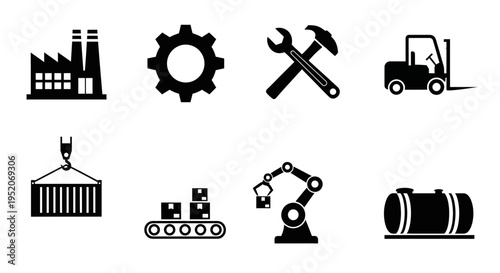 Industrial and Manufacturing Icons A Collection of Factory, Machinery, and Logistics Symbols