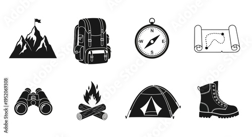 Collection of black and white adventure and camping icons on a white background, symbolizing outdoor exploration and travel