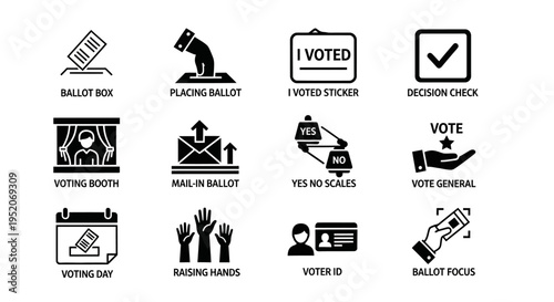 Comprehensive Set of Election and Voting Process Icons Modern Vector Illustrations for Civic Engagement, Democracy, and Political Campaigns