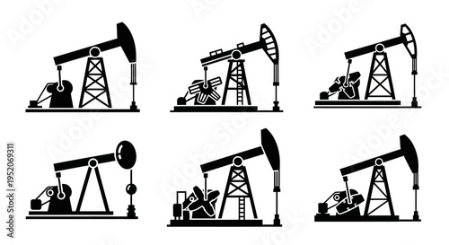 Set of oil pumpjack illustrations on a white background, representing the petroleum industry and resource extraction