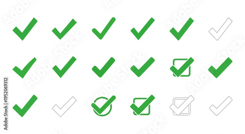 Collection of Green Checkmarks and Checkboxes on a White Background Representing Approval, Success, and Confirmation