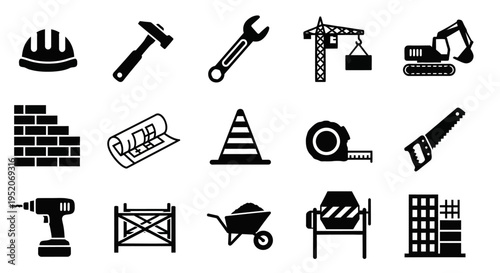 Construction tools and equipment icons for building and industry