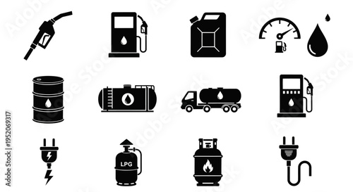 Collection of Icons representing Fuel and Energy Sources including Gas Stations, Fuel Cans, Oil Barrels, and Electric Car Charging