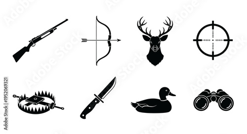 Comprehensive collection of hunting equipment silhouettes for outdoor sport and wildlife tracking adventures