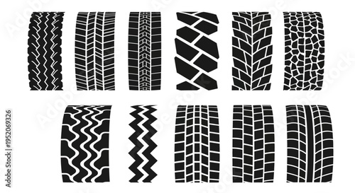 Collection of diverse tire tread patterns for vehicles, illustrating grip and traction for various terrains and conditions